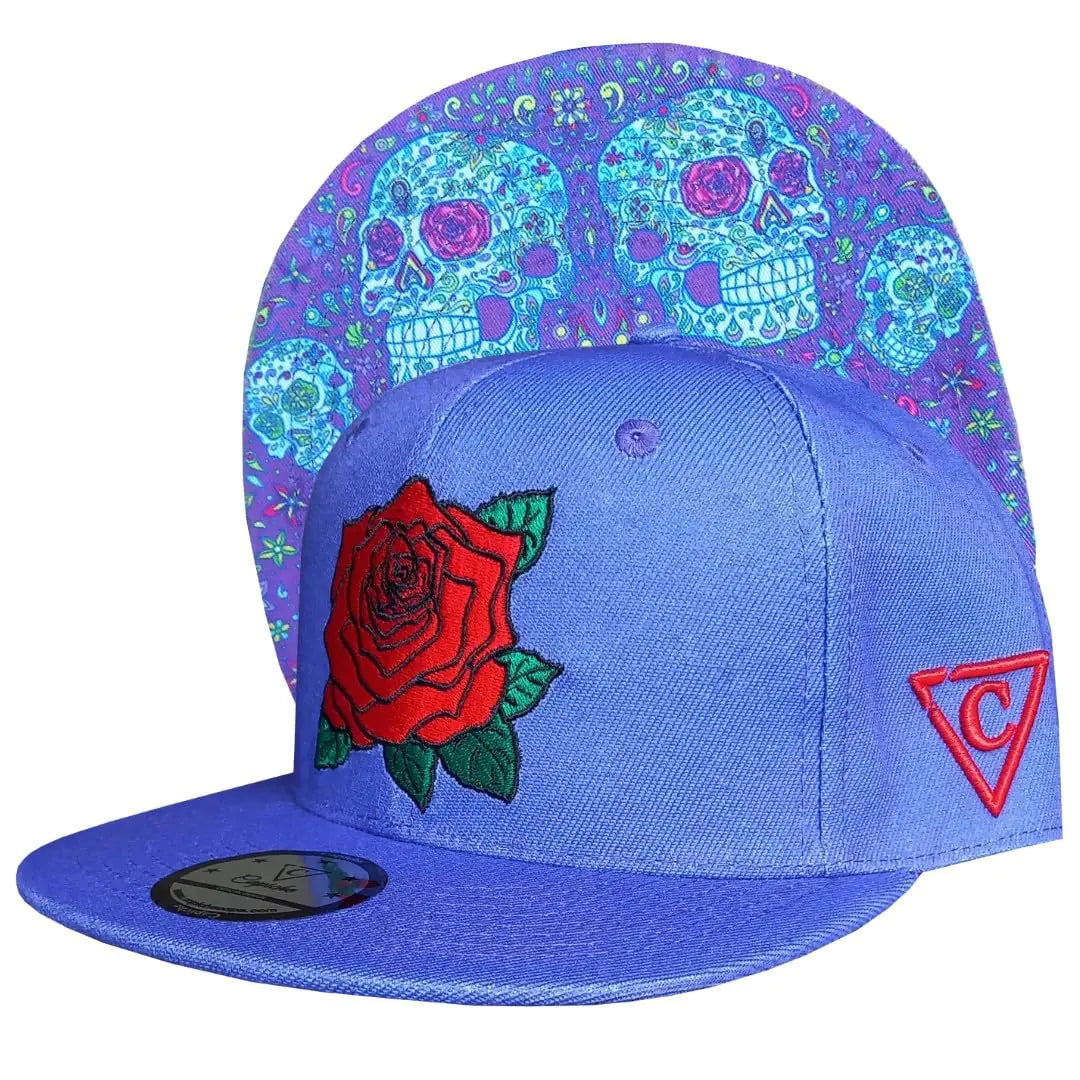 Capiche [99+ Variations] Purple Snapback Hat Day of The Dead 1 Skull Design Dia De Muertos Mexico Hat Mexican Floral Skull Cap Red Rose Front Logo Gorra Originales